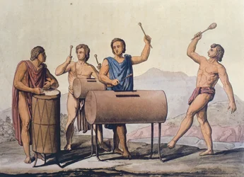 Aztekische Musiker spielen auf Tlapanhuehuetls